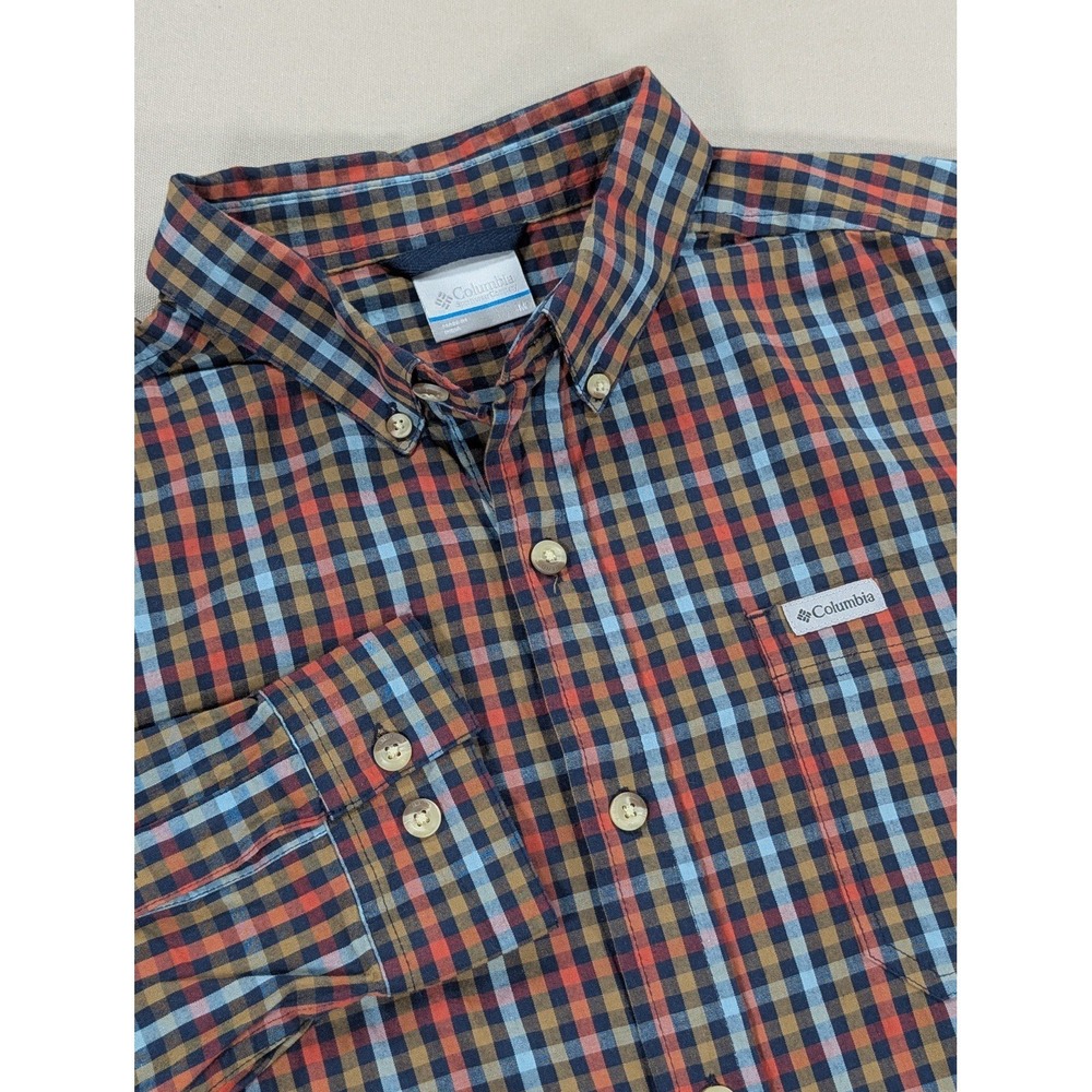 Columbia Shirt Mens Medium Blue Red Cotton Long Sleeve Outdoor Hiking Button Up
